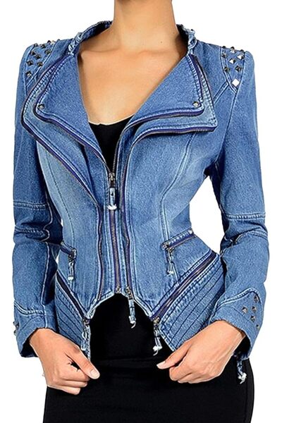 Generic Women's Fashion Shaping Denim Jacket Inlaid with Punk Motorcycle Ridi...