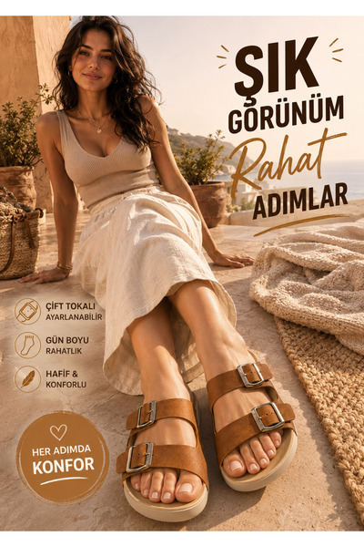 Kadın Çift Tokalı Çift Bantlı Ayarlanabilir Rahat Taban Günlük Yazlık Terlik