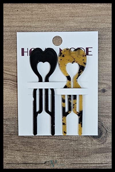 MAZEN 2 Adet Kalp Model Hairpin Saç Topuz Tokası Çubuk Toka Siyah Leopar 11 cm