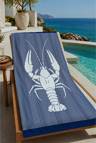 Evmila Navy Blue Striped White Lobster Patterned 70X150 Beach Towel - Digital...