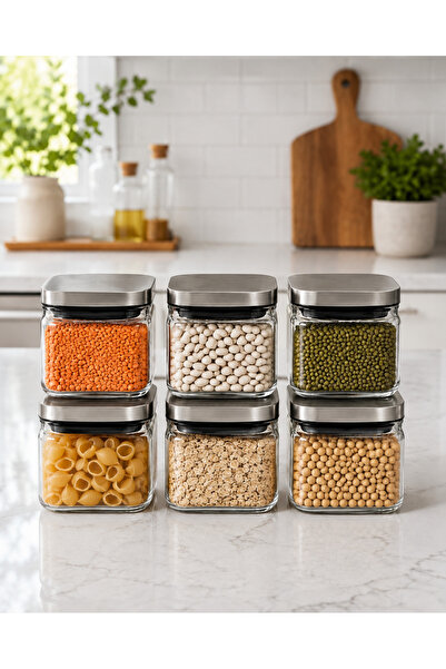 Karçiçeği Home Set of 6 850 ml Square Borosilicate Glass Jars with Vacuum Ste...