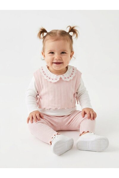 Kids Kingdom Side-Tie Vest, Detailed Embroidery, Collared Baby Girl 3-Piece Set