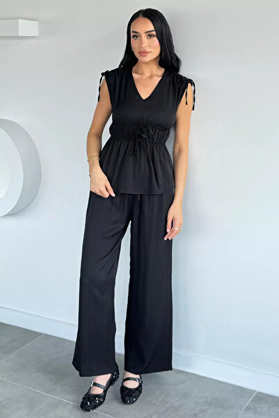 Aryena Black Women's Elastic Waist Pants V-Neck Blouse Two-Piece Set