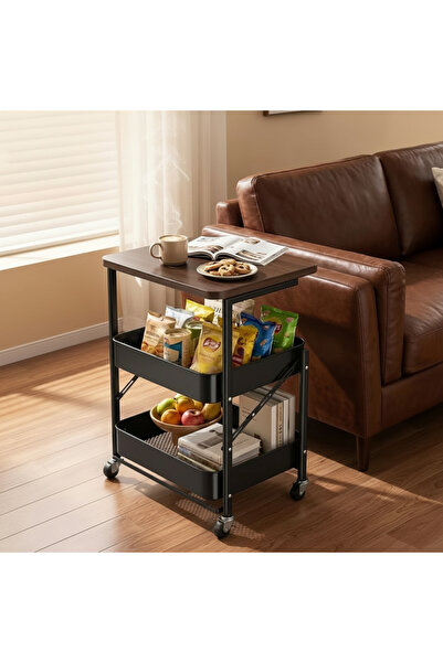 The Living Multi-Purpose 3-Tier Rolling Storage Cart with Wooden Top Shelf & ...