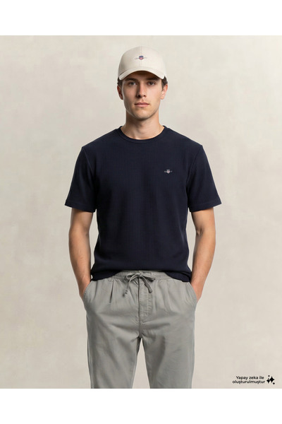 Gant Erkek Lacivert Bisiklet Yaka Regular Fit Logolu T-Shirt