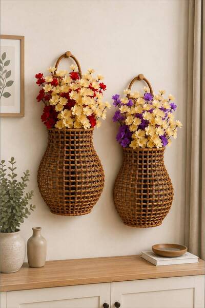 Bayev 2 Pieces 9201 Rattan Hanging Vase Multi-Purpose Rattan Knitted Basket F...