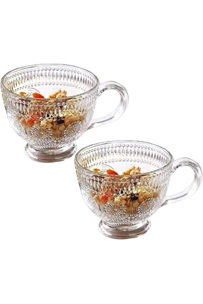 genric Set of 2 Large Embossed Tea Cup, 430 ml , Glass Coffee Mugs Sets for C...