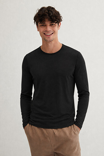 Silk and Cashmere Siyah Ultralight Yuvarlak Yaka Erkek Uzun Kollu T-shirt