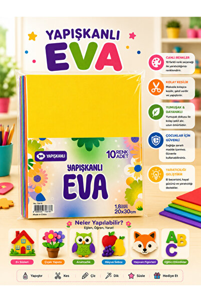 Yapışkanlı EVA Seti 10 Renk 10 Adet 20x30 cm 1,8 mm Renkli Kendinden Yapışkanlı EVA Köpük Hobi El İşi ve Etkinlik Malzemesi