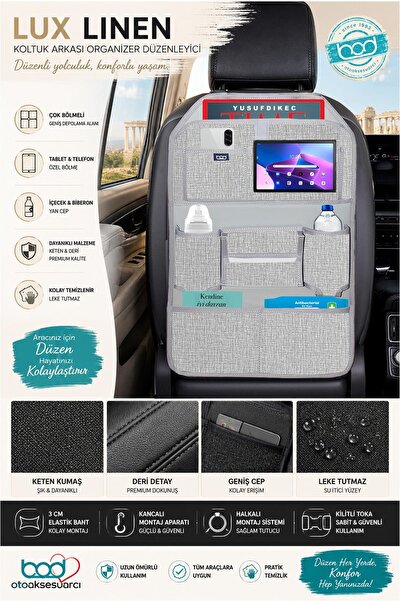 Bod Lux Linen Series Linen & Leather Seat Back Organizer In-Car Organizer