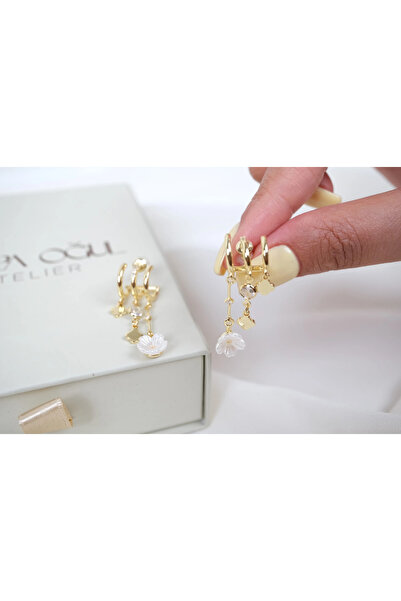 ATELİER TUĞBA Kp650 Flower and Clover Figured Hanging Hoop Earrings (Length 3...