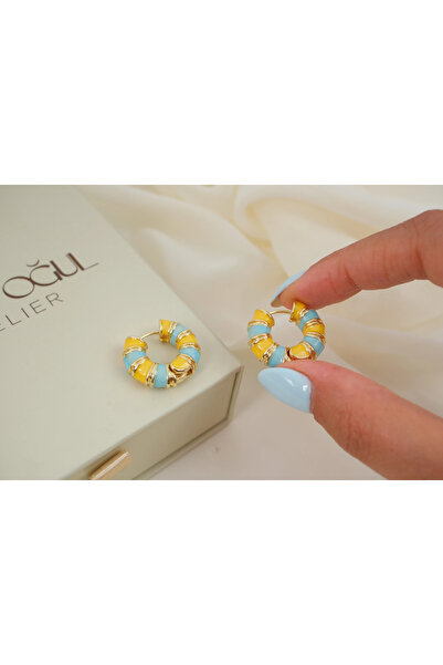 ATELİER TUĞBA Kp786 Yellow and Blue Mineral Hoop Earrings (Inner Diameter 10 mm)