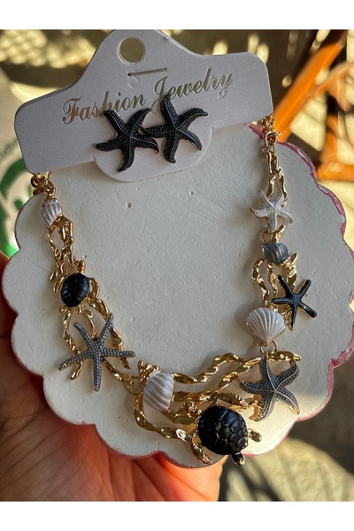 MODA Women's Starfish Figured Necklace Earring Set Sea Themed Summer Jewelry Set