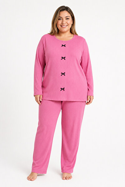 FAMES PİJAMA Plus size ribbed knit seasonal pink pajama set