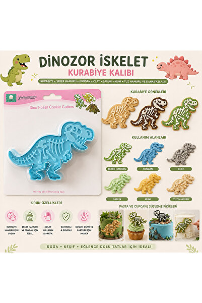pratikpastacılık Dinosaur Skeleton Cookie Mold – 3D Fossil Patterned Dinosaur...