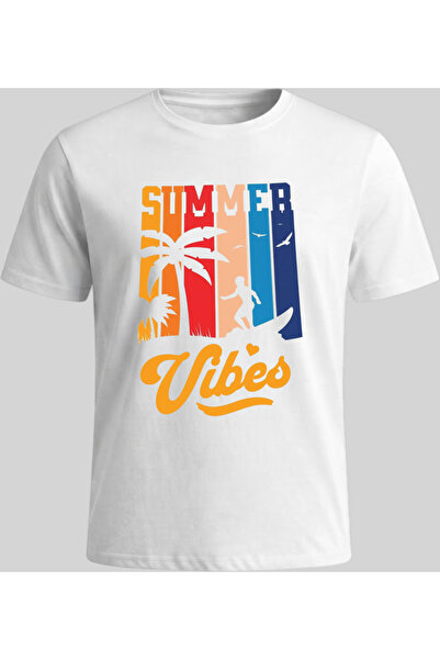 Nazlyna White 100% Cotton Unisex T-Shirt with Retro Palm Tree and Surfer Silh...