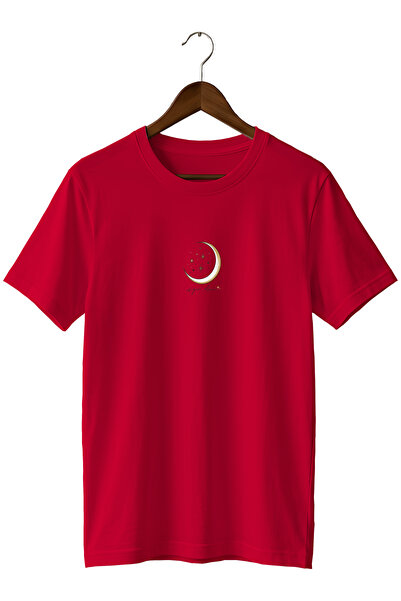 remonz Minimal Crescent and Star Printed Unisex T-Shirt Crew Neck Cotton Casu...