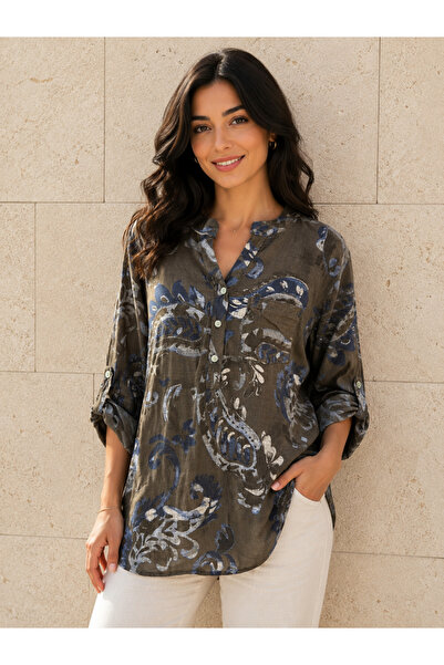 AGORATEKSTİL Women's Original Italian Cotton Fabric 3 Buttons Patterned Shirt...