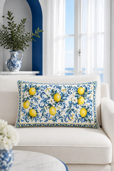 HOMESSA Blue Majolika Lemon 2-Piece Throw Pillow Cover 35X55 cm