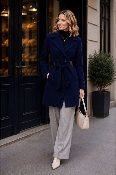 MOT Leather Detailed, Double-Breasted Buttoned, Classic Collar Long Winter Coat