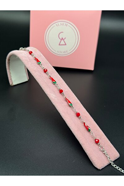 Alsem Store Women's Red Pepper Figured Beaded Steel Bracelet and Anklet, Non-...