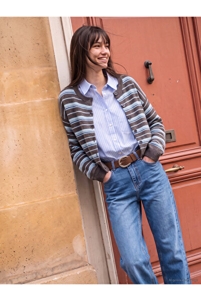 LC Waikiki Crew Neck Striped Women's Knitwear Cardigan