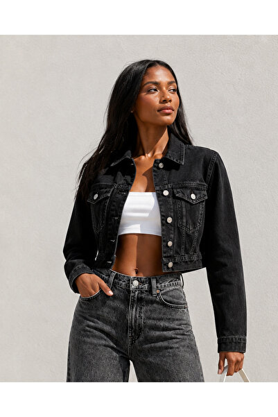 SHEVEGA Siyah Kısa Modern Fit Boyfriend Denim Jean Crop Ceket