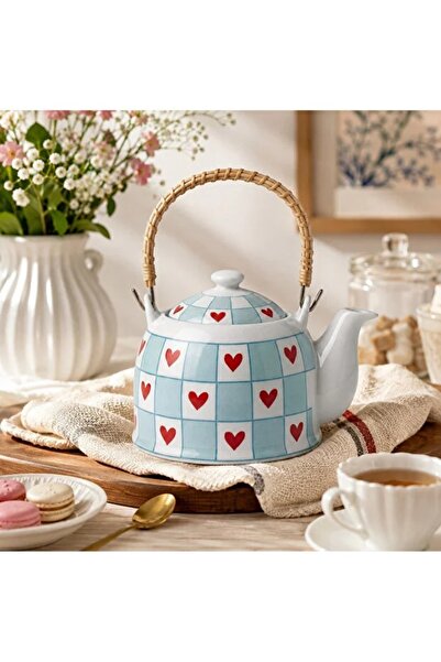 elif aksesuar Heart-Shaped Enamel Kettle Teapot |   Wooden Handle Stylish Des...