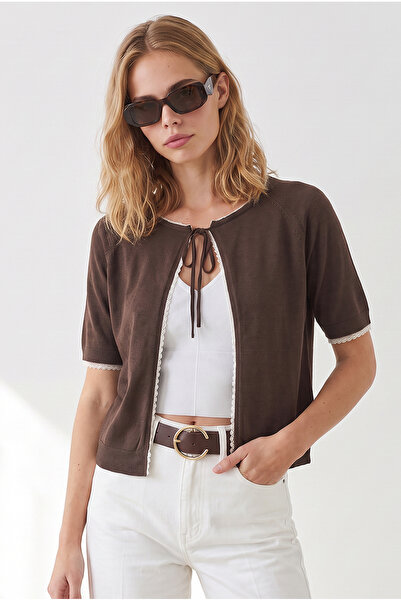 Olalook Women's Bitter Brown Lace Ribbon Detailed Viscose Knitwear Cardigan H...