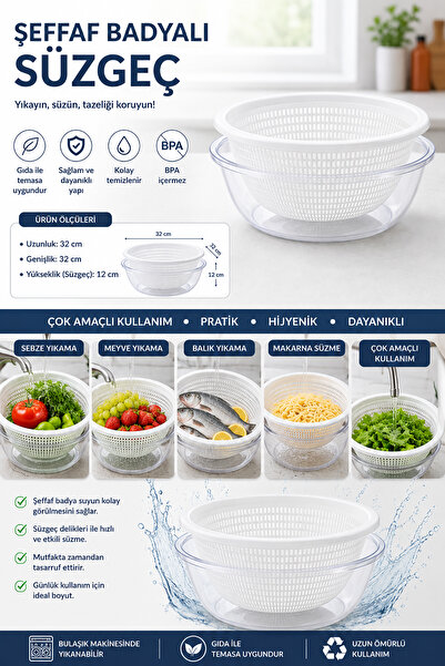 Akyüz Plastik 🥗   Transparent Plastic Strainer with Lid 32X32 cm – Vegetable...