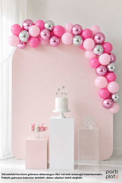 Parti Plato Pembe Rüya Işıltısı 40’lı Balon Zinciri Seti, Krom Pembe ve Gümüş...