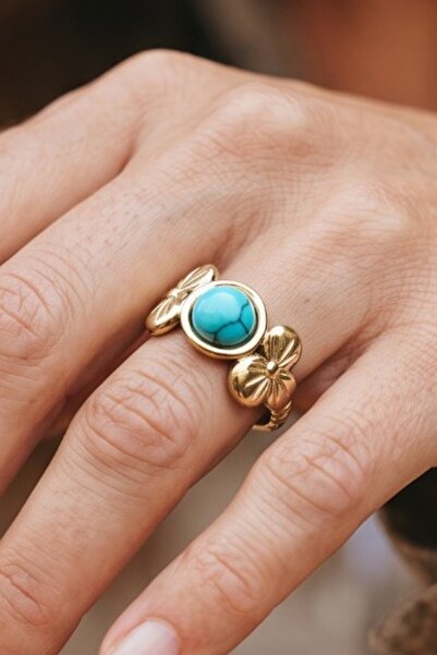 NBS Beautiful Naturel Stones خاتم زهرة الفيروز الفولاذي قابل للتعديل، خاتم عص...