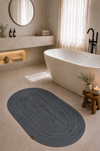 Jüt Hasır Lüks Banyo Paspas, Düz Yıkanabilir 2'li Klozet Takımı - Antrasit 40x60 + 60x100 cm