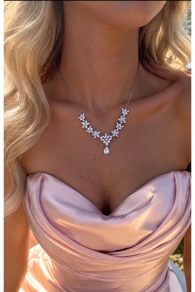 GLARE JEWELRY CO Drop Zircon Stone Evening Dress Model Stainless Steel Neckla...