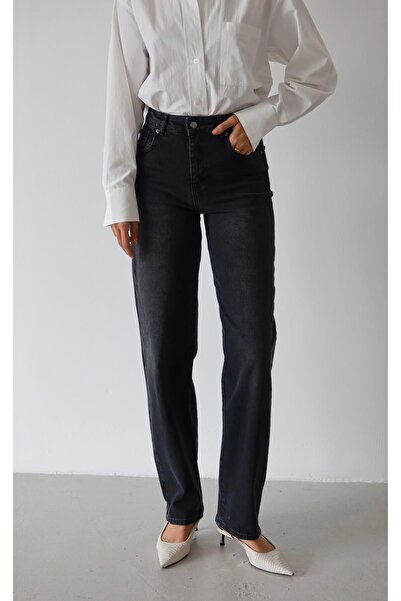 Moda Days Pantaloni de damă NEGRI din denim, cu talie înaltă, model semi-balo...
