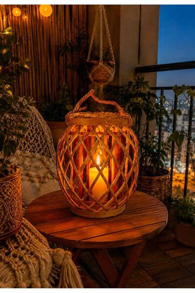HÜCO BAZAAR Dekoratif Hediyelik 25 Cm Bambu Rattan Şık Mumluk/Şamdan/Avize/La...