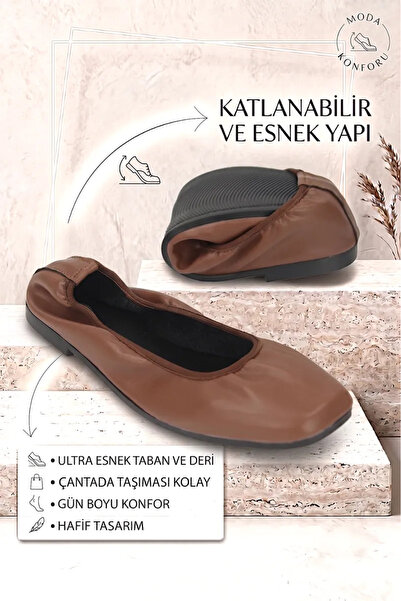 Gökhan Talay Uliana Women's Square Toe Flexible Sole Foldable Tan Ballerina S...