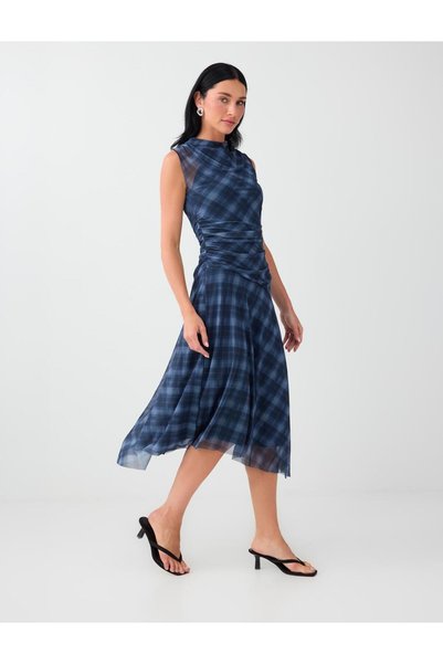 Jimmy Key Navy Blue Plaid Patterned Midi Mesh Dress with Waist Detail