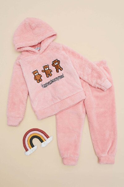 Fulla Moda Teddy Bear Embroidered Hooded Plush Girls' 2-Piece Set