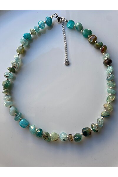 Anetta Jewelry Kadın kırım mavi akik doğal taş silver kapama çelik kolye(40 cm)