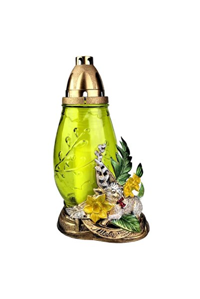 LCA Candela din Sticla cu Decoratiune Pasti, Miel si Flori, Verde