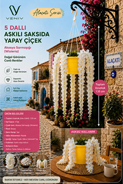 VENİV 5 Dallı Yapay Akasya Sarmaşığı Wisteria Askılı Saksı | 135 cm Beyaz Çiç...