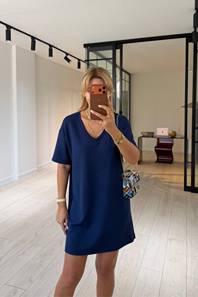 Sezgi Tekin V-Neck Oversize Navy Blue Modal Dress