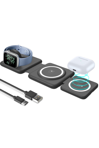 Choice1 Black 3 in 1 Wireless Charger Pad Stand Magnetic Fast Charging Dock S...