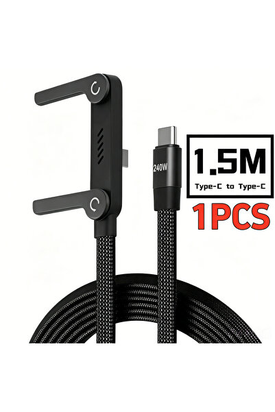 Choice كابل شحن أسود 1.5 متر 2 في 1 بقوة 240 واط مع حامل هاتف مدمج، USB C إلى...
