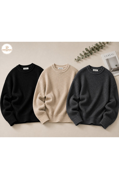 DepoExport Women's 3-Piece Crew Neck Oversize Knitwear Sweater Soft Knitted S...