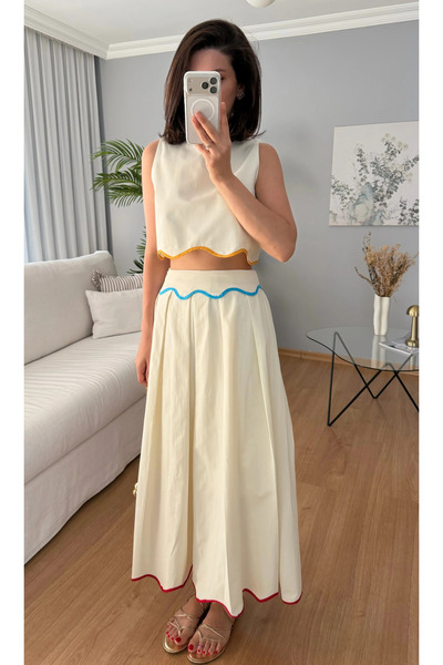 My Blog Stone Colored Ribbed Premium Skirt & Blouse Set - 1091