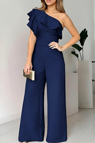 Deafox Navy Blue Women's One-Shoulder Ruffled Crepe Fabric Jumpsuit