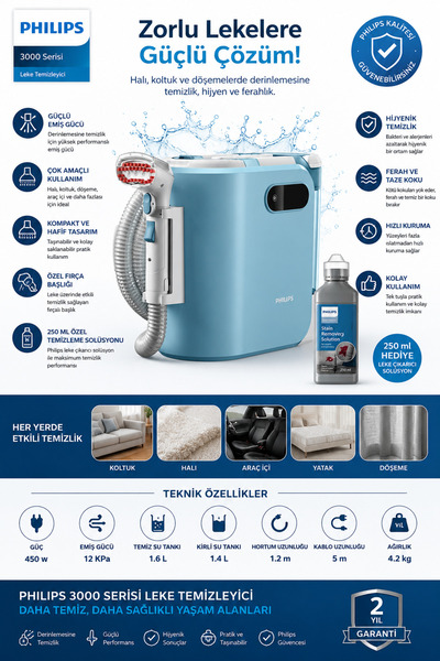 Philips Halı - Koltuk - Araç Temizleme Makinesi – 450W Güç, 12 kPa Emiş, 1.6 ...