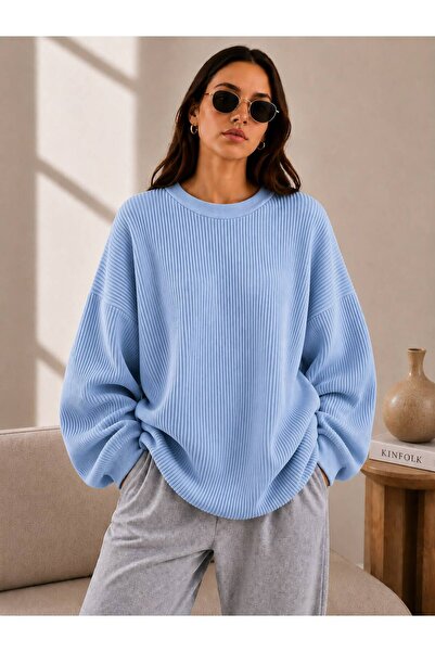 oneoff Women's Oversize Ribbed Knit Sweater Crew Neck Loose Long Sleeve Comfo...
